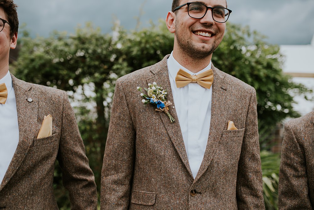 Groom Brown Tweed Suit Yellow Bow Tie Caerhyn Wedding Mary W Thomas Photography