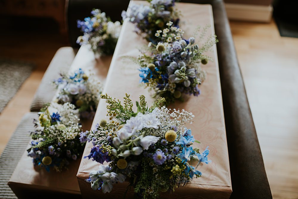 Bouquet Flowers Bride Bridesmaid Yellow Blue Caerhyn Wedding Mary W Thomas Photography