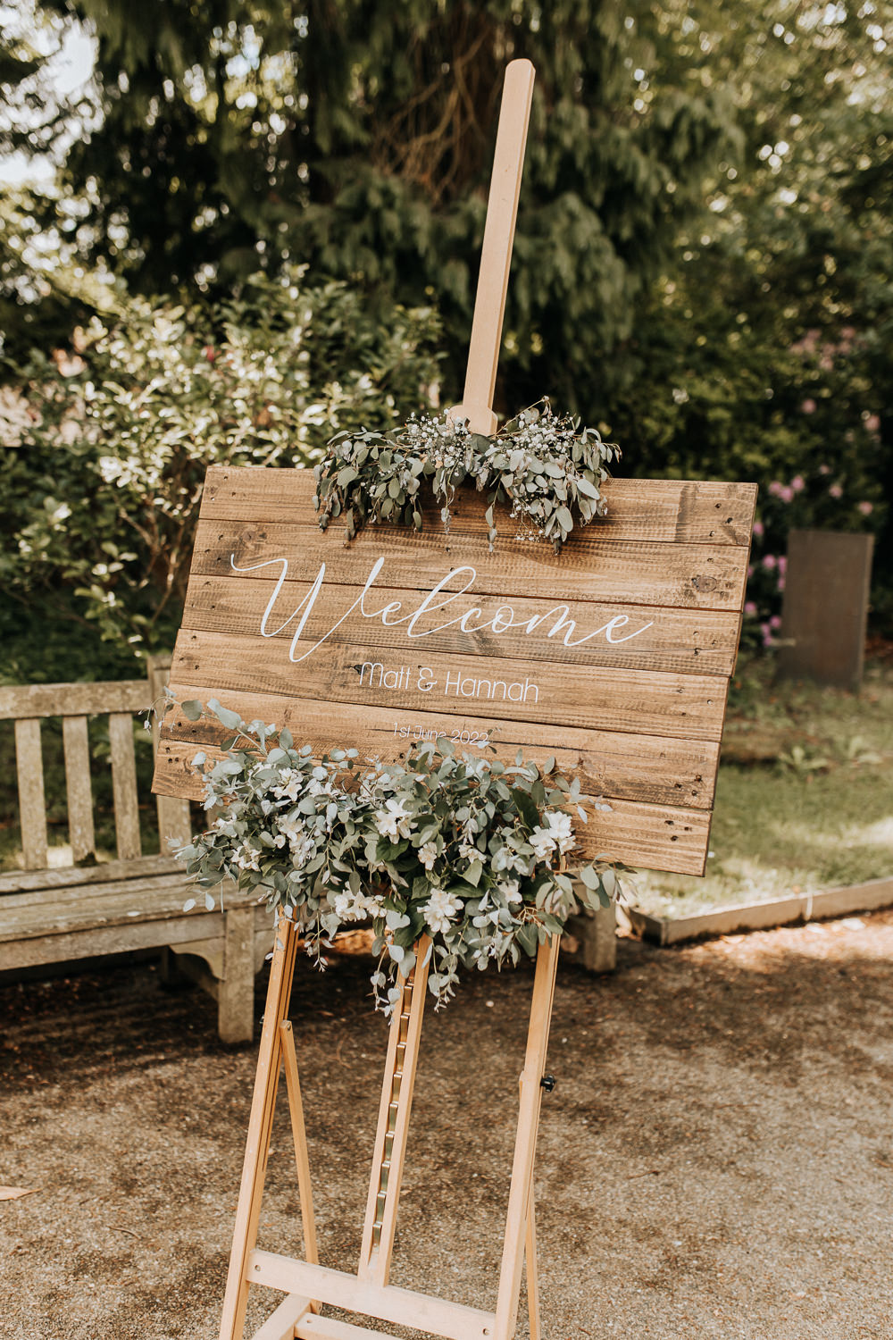 Wooden Pallet Welcome Sign Greenery Elford Hall Garden Wedding Wyldbee