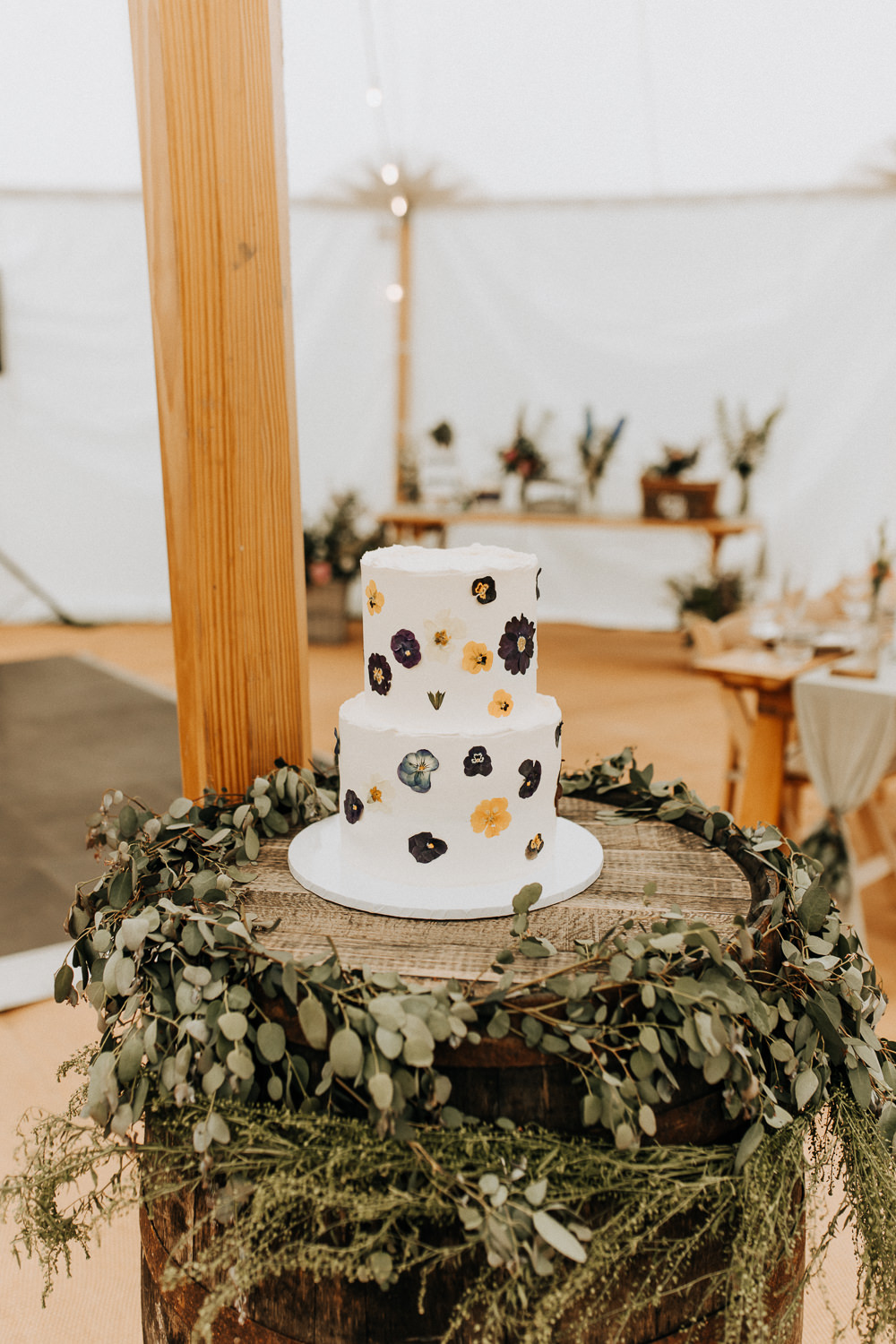 Pressed Flower Petal Floral Cake Barrel Stand Greenery Elford Hall Garden Wedding Wyldbee