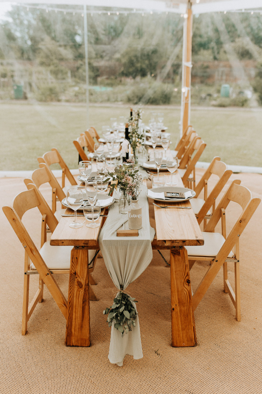 Long Wooden Table Sage Green Runner Greenery Elford Hall Garden Wedding Wyldbee
