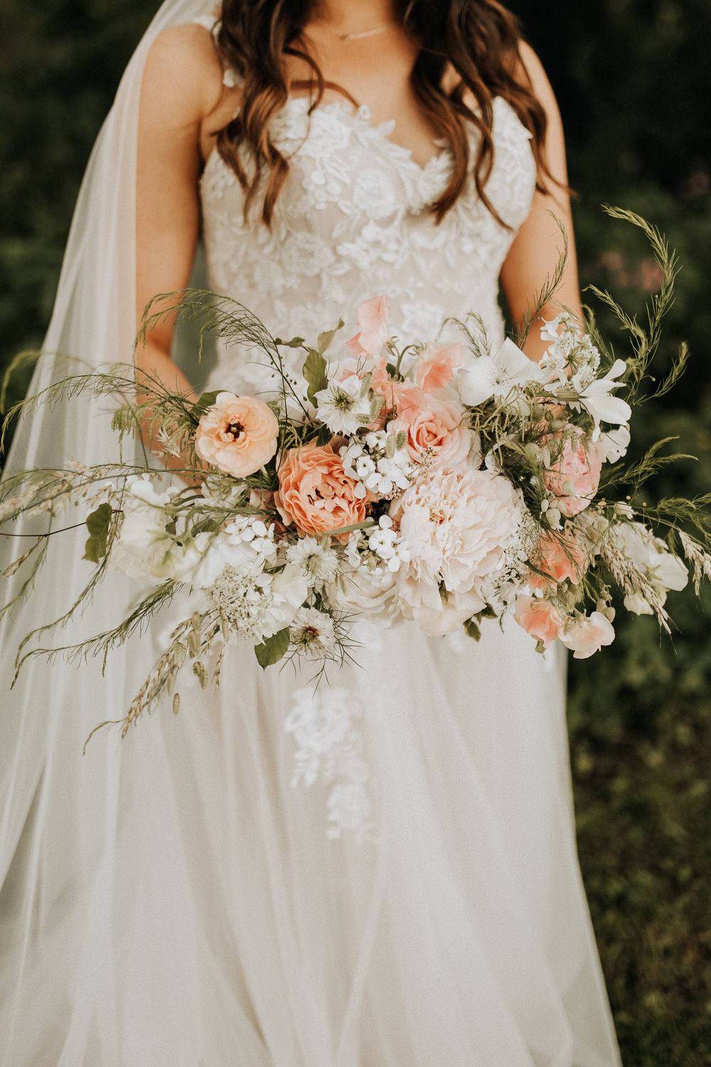 Bouquet Flowers Bride Bridal Peach White Rose Peony Elford Hall Garden Wedding Wyldbee