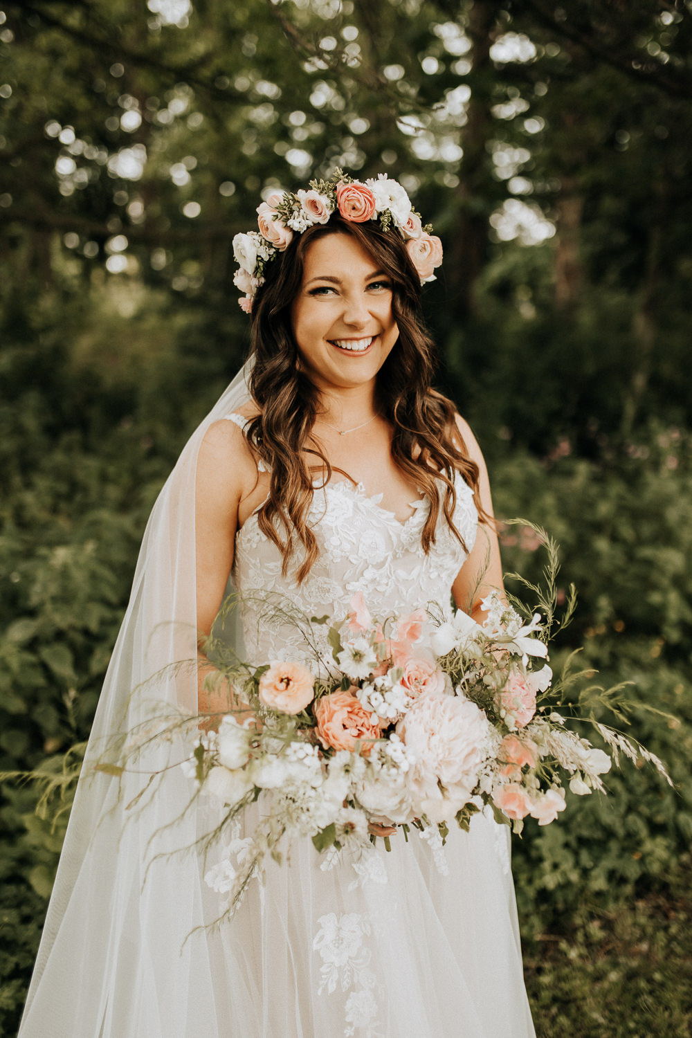Bouquet Flowers Bride Bridal Peach White Rose Peony Flower Crown Elford Hall Garden Wedding Wyldbee