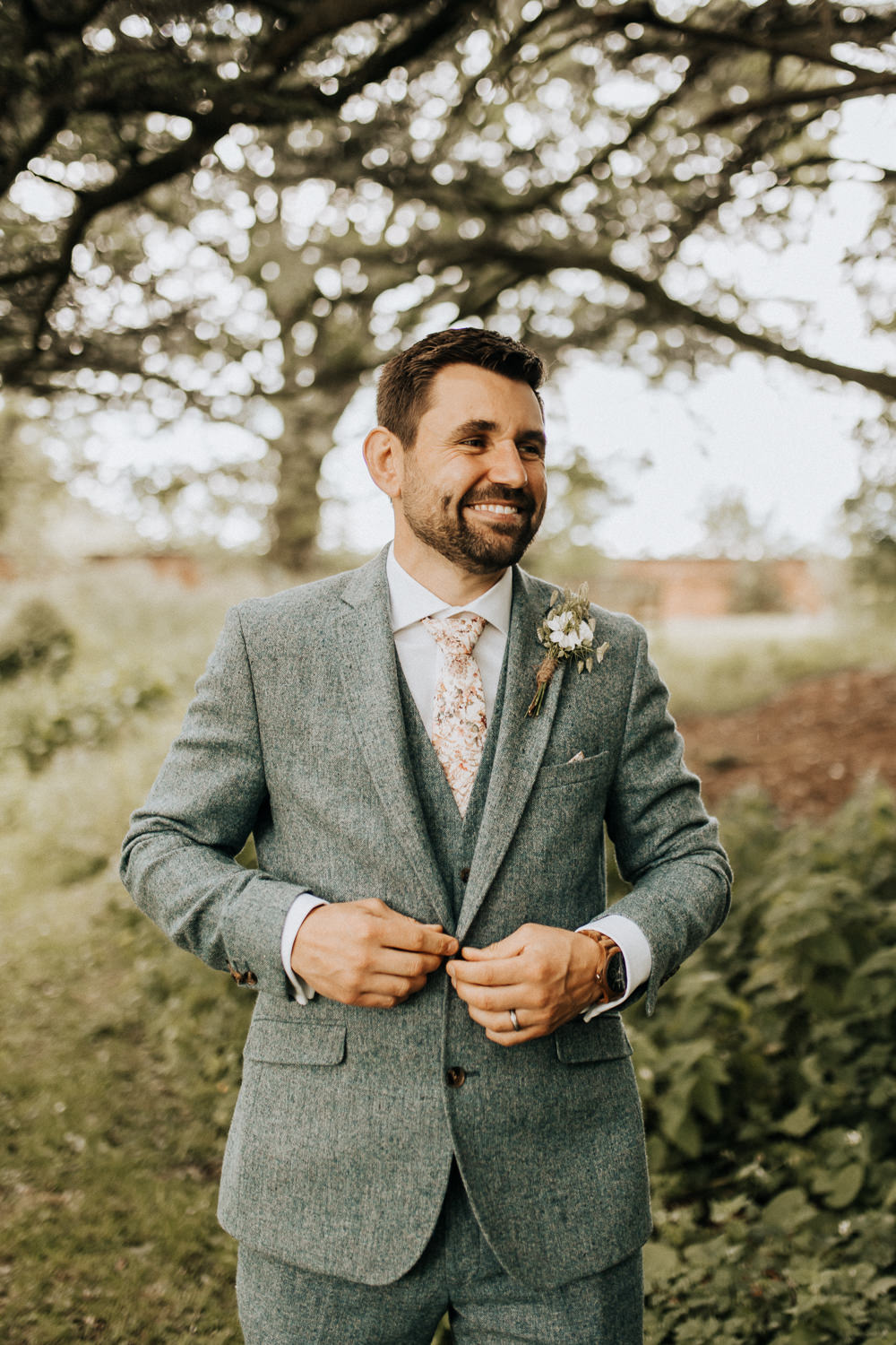 Groom Grey Suit Pink Floral Tie Elford Hall Garden Wedding Wyldbee