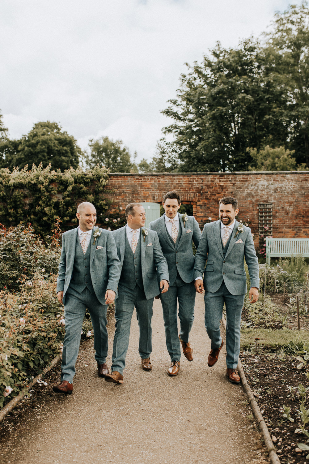 Groom Grey Suit Pink Floral Tie Grooomsmen Elford Hall Garden Wedding Wyldbee