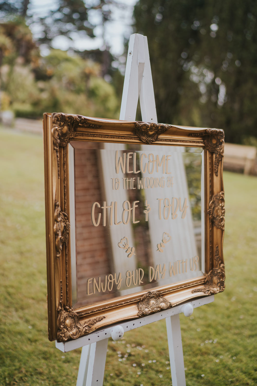 Iridescent Wedding Dress Grace Elizabeth Photography Mirror Welcome Sign