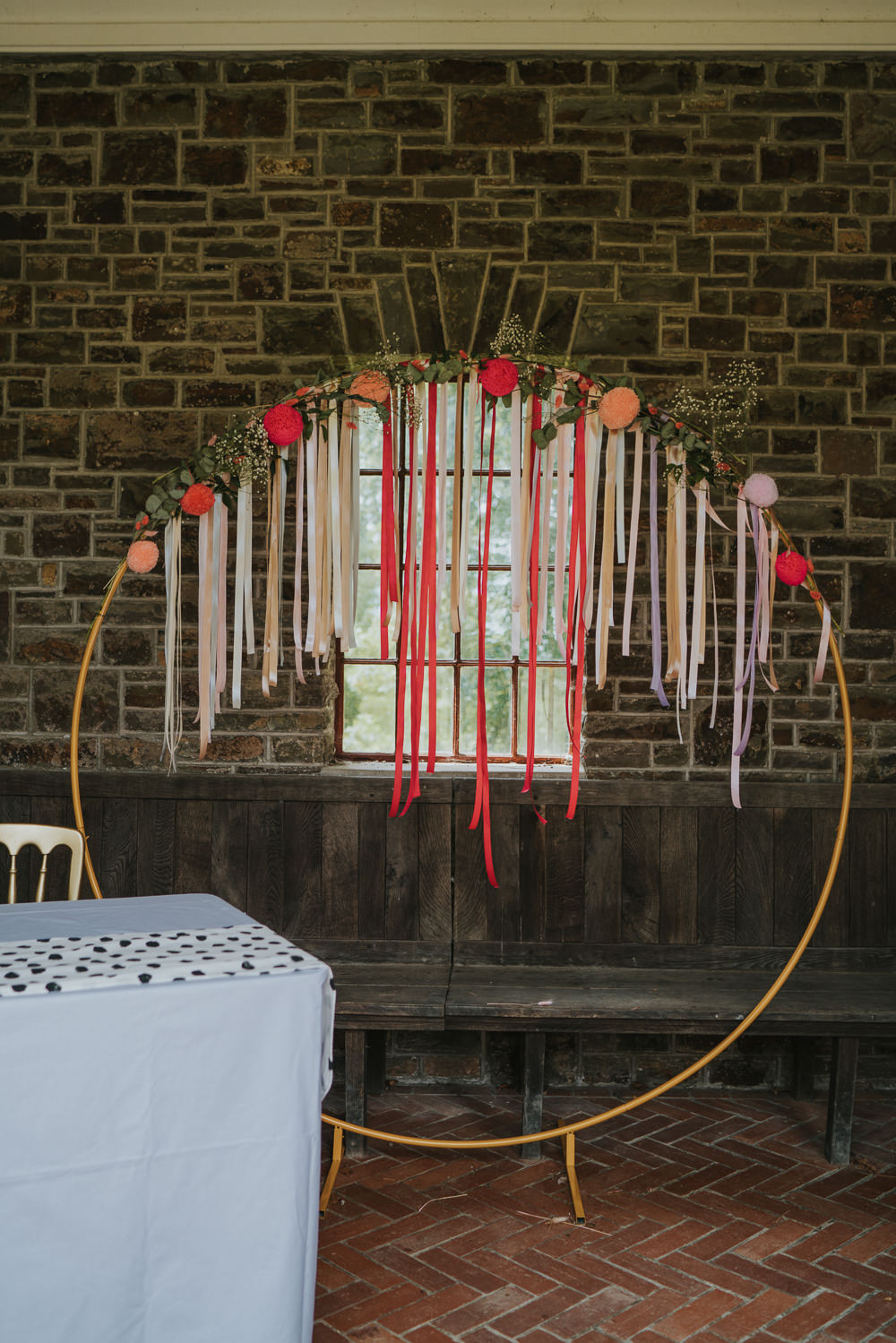 Hoop Ribbon Flower Ceremony Backdrop Iridescent Wedding Dress Grace Elizabeth Photography