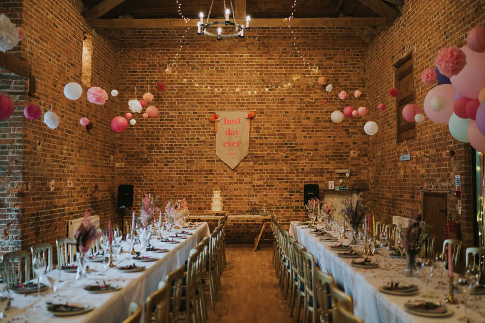 Barn Reception Long Tables Pom Poms Lanterns Pink Decor Iridescent Wedding Dress Grace Elizabeth Photography