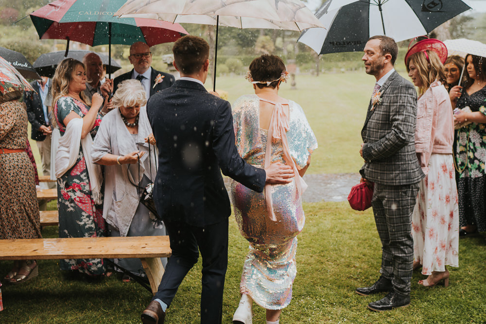 Rainy Umbrella Ceremony Iridescent Wedding Dress Grace Elizabeth Photography