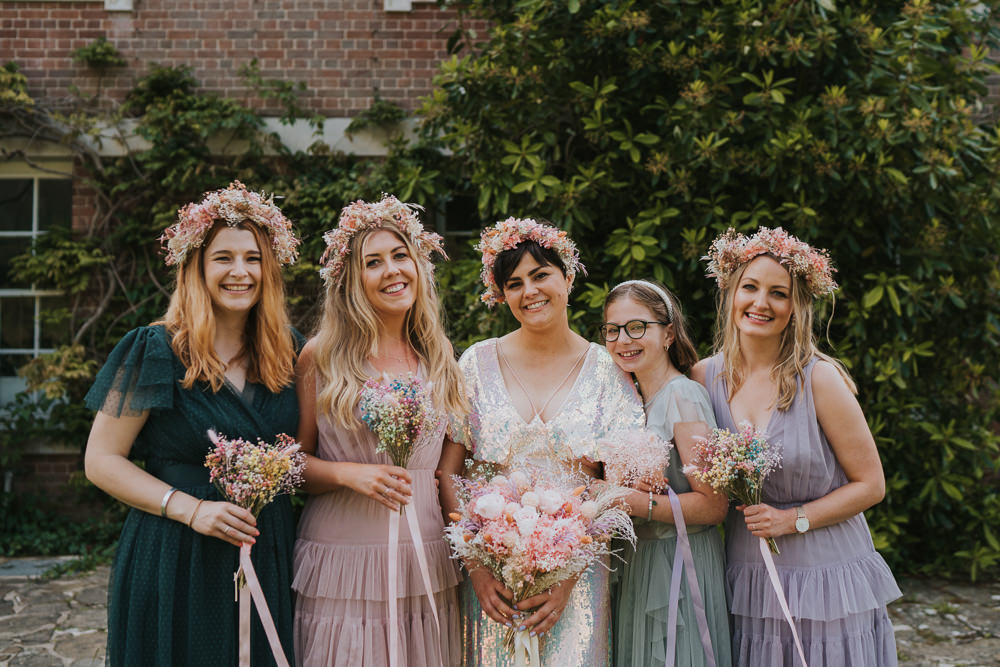 Long Pastel Ruffle Bridesmaids Dress Dried Flowers Crowns Iridescent Wedding Dress Grace Elizabeth Photography
