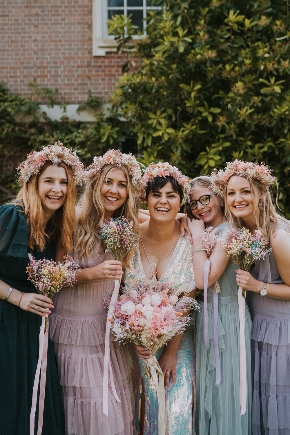 Long Pastel Ruffle Bridesmaids Dress Dried Flowers Crowns Iridescent Wedding Dress Grace Elizabeth Photography