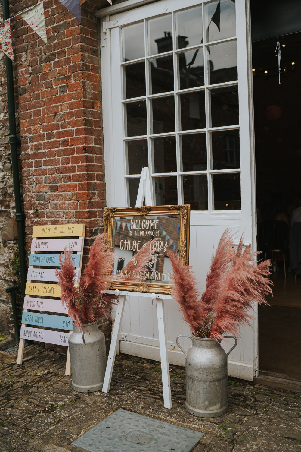 Welcome Sign Decor Pink Pampas Grass Iridescent Wedding Dress Grace Elizabeth Photography