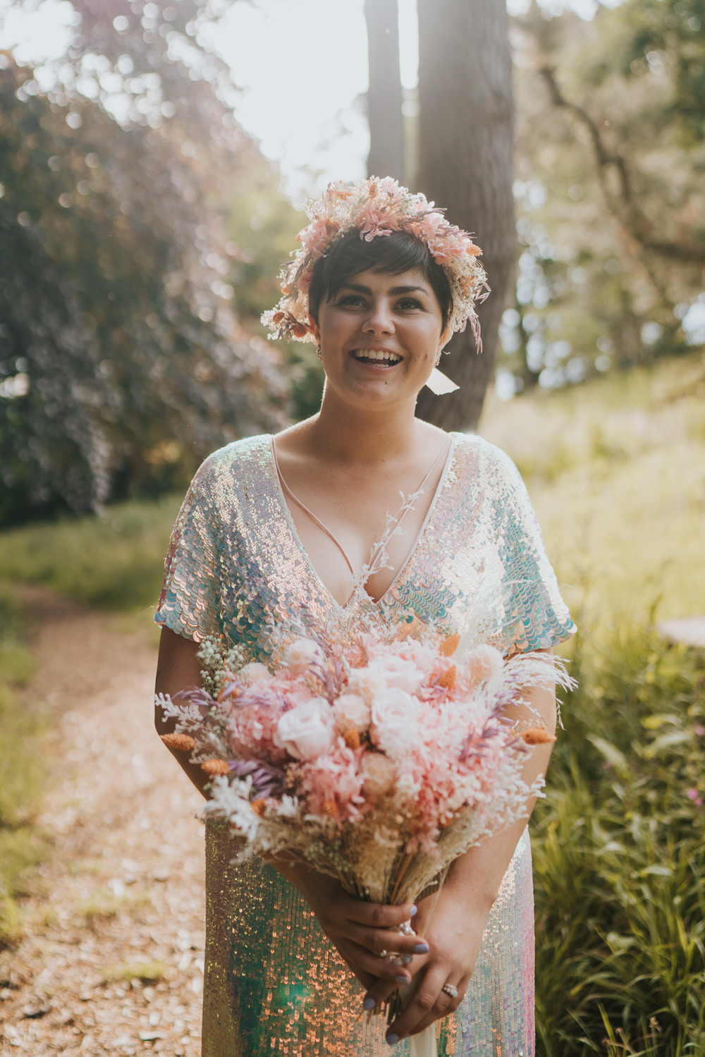 Pink Dried Flower Bouquet Flower Crown Temperley Bardot Sequin Gown Bride Bridal Iridescent Wedding Dress Grace Elizabeth Photography