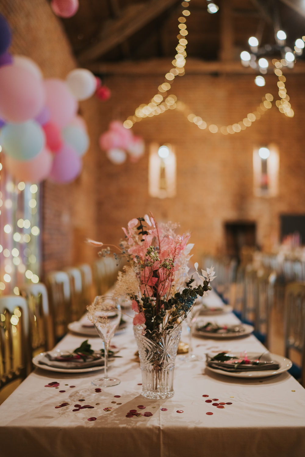 Pink Table Flowers Barn Centrepiece Decor Iridescent Wedding Dress Grace Elizabeth Photography