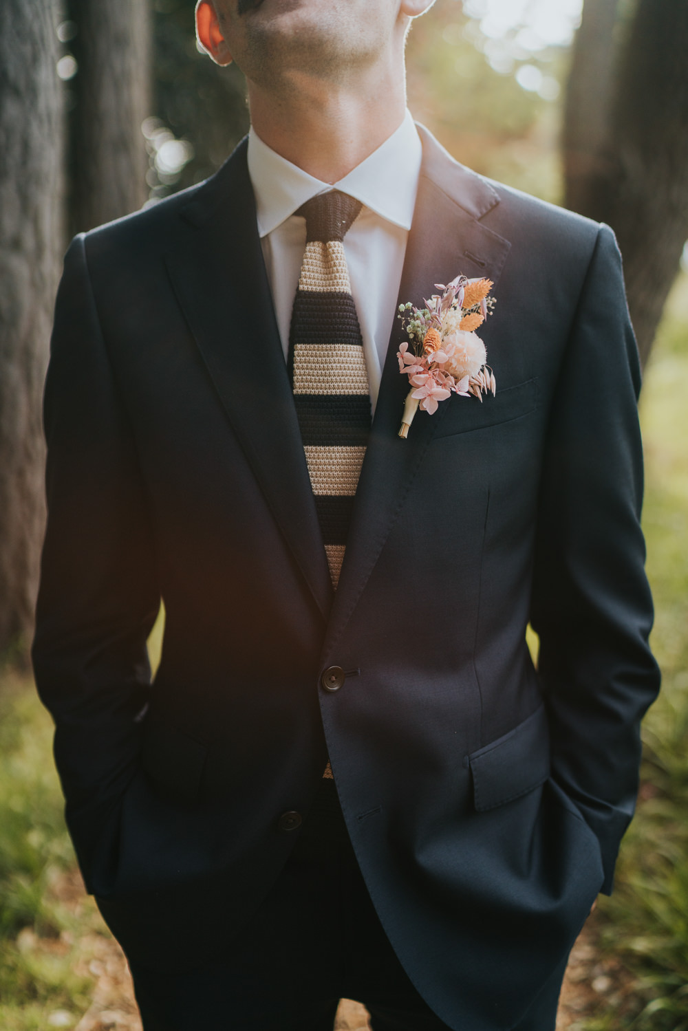 Groom Black Suit Stripe Tie Dried Flower Buttonhole Iridescent Wedding Dress Grace Elizabeth Photography
