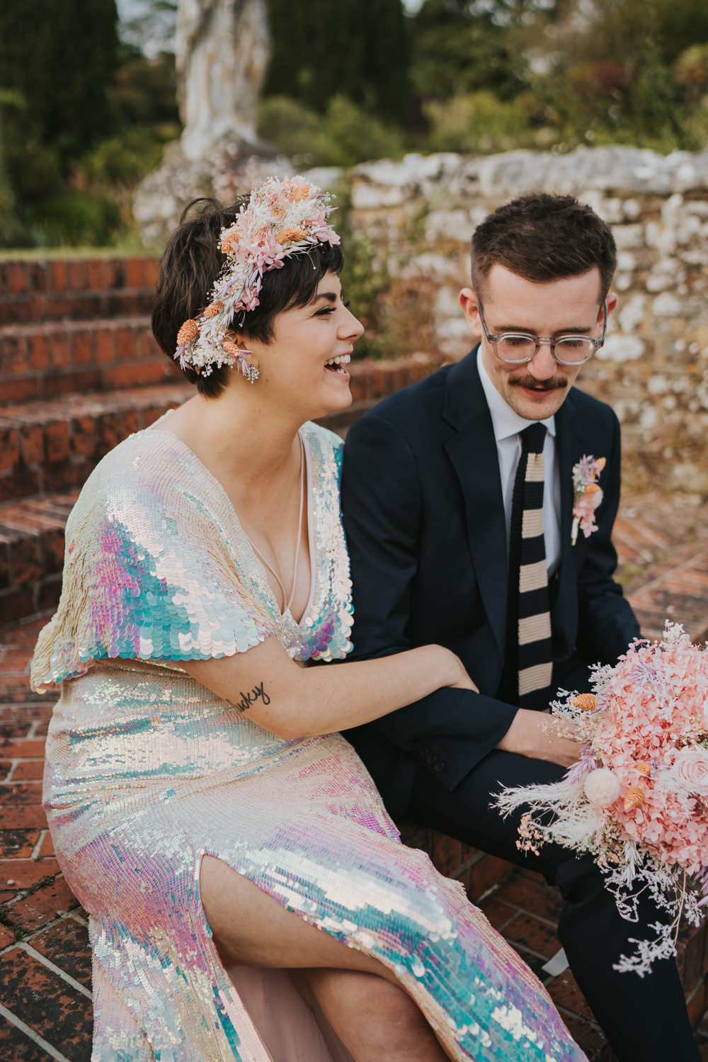 Bride Bridal Hair Short Dried Flower Crown Iridescent Wedding Dress Grace Elizabeth Photography