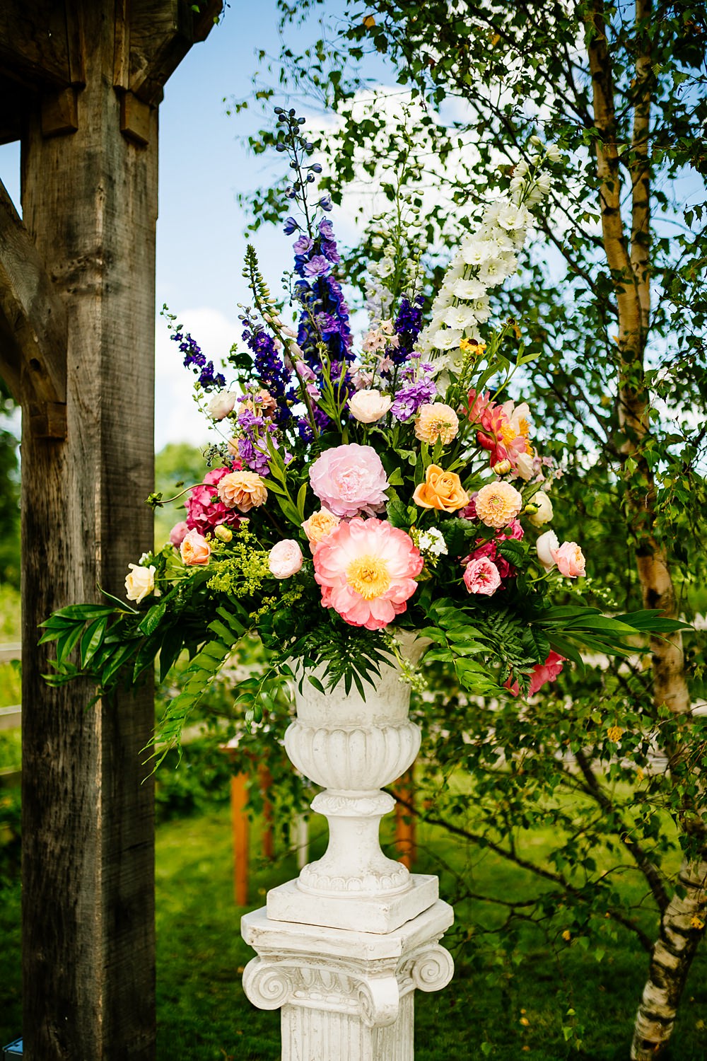 Ceremony Aisle Flowers Pedestal Colourful Lancashire Barn Wedding Beth Alderson Photography