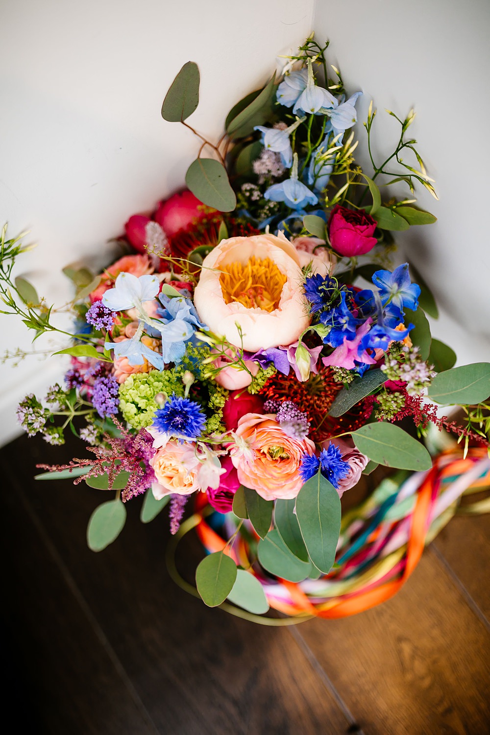 Bouquet Flowers Bride Bridal Colourful Rose Cornflower Astilbe Lancashire Barn Wedding Beth Alderson Photography