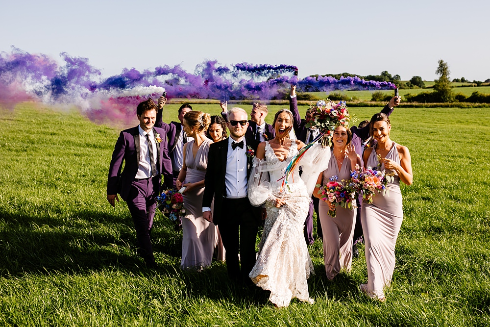 Purple Smoke Flares Lancashire Barn Wedding Beth Alderson Photography