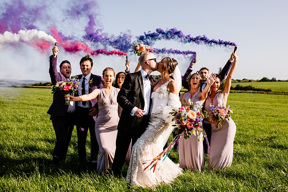 Purple Smoke Flares Lancashire Barn Wedding Beth Alderson Photography