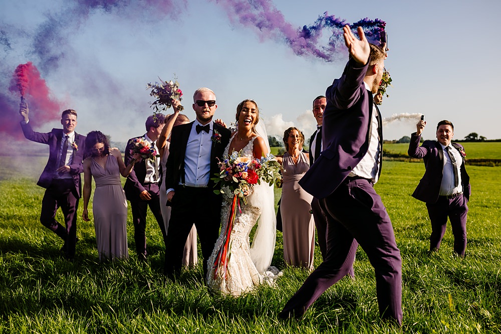 Purple Smoke Flares Lancashire Barn Wedding Beth Alderson Photography