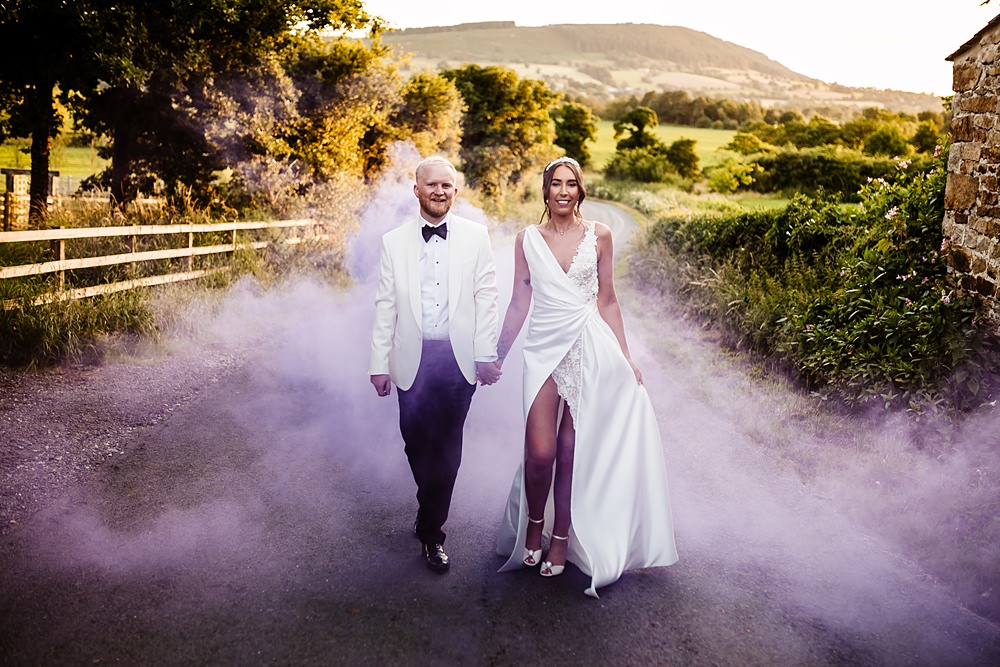 Purple Smoke Flares Lancashire Barn Wedding Beth Alderson Photography