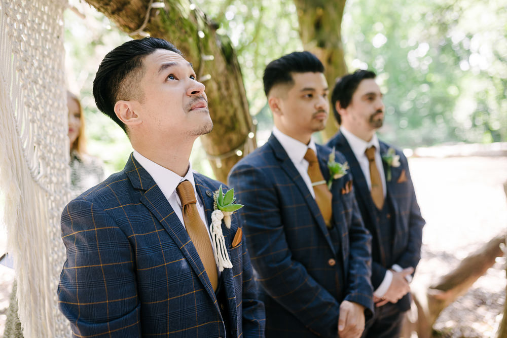 Blue Check Suit Gold Tie Groom Lincolnshire Woodland Wedding Aden Priest Photography