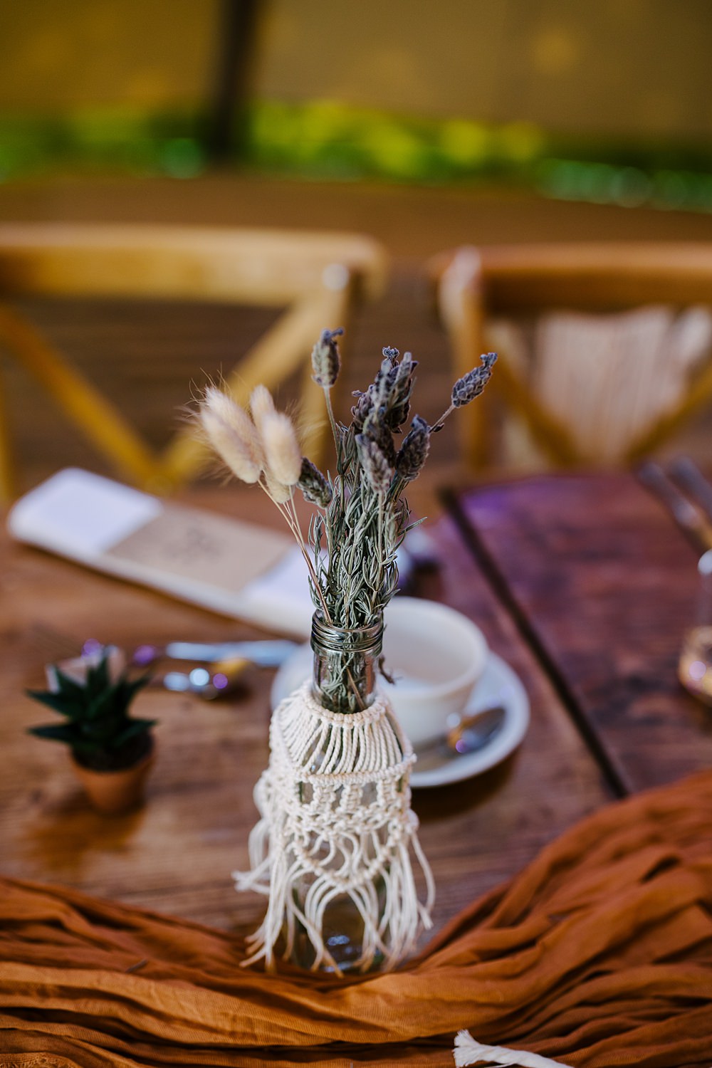 Bottle Flower Centrepiece Macrame Bunny Tail Lacender Lincolnshire Woodland Wedding Aden Priest Photography