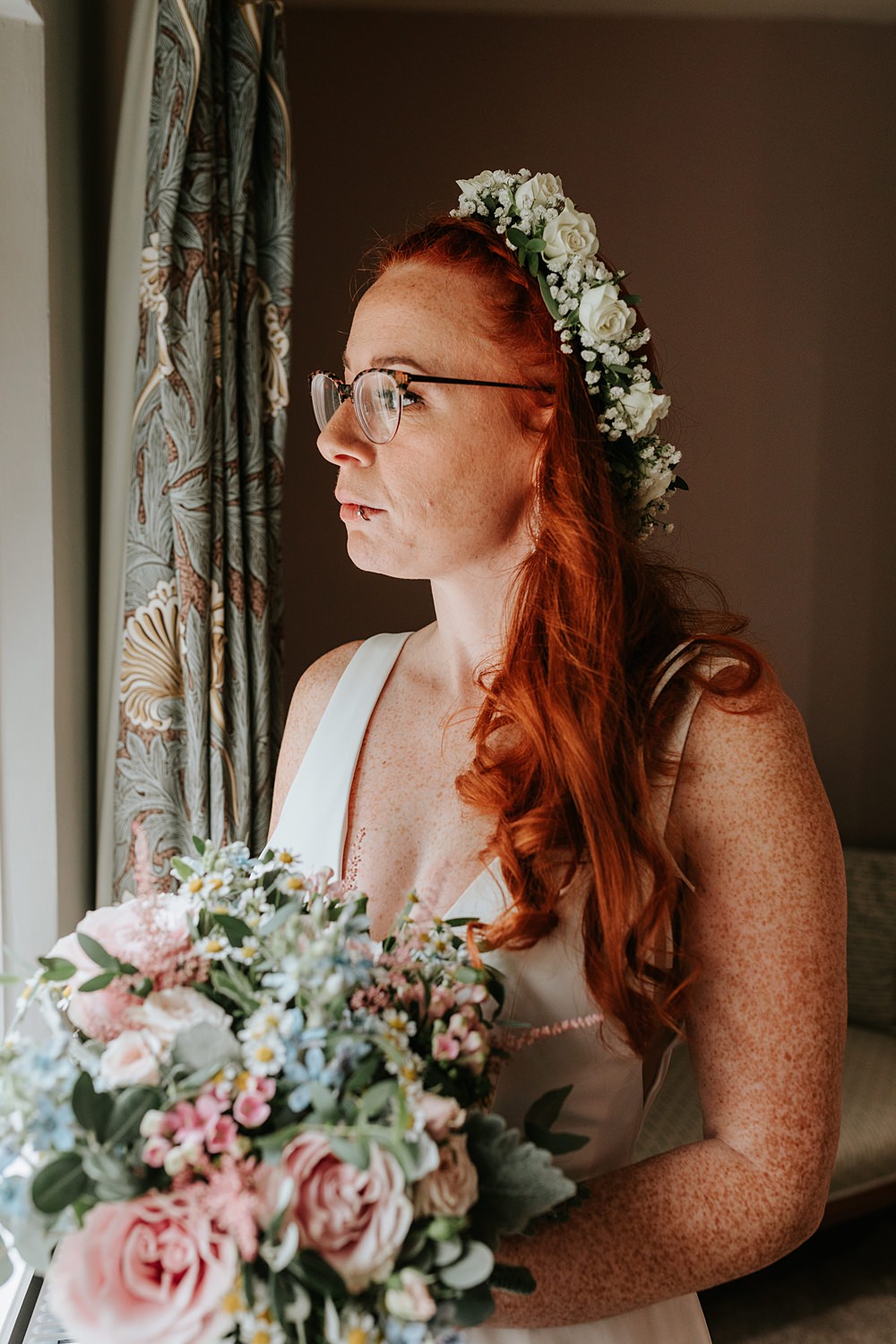 Bride Bridal Flower Crown Wavy Hair Down Bouquet Low Hall The Lakes Wedding Maddie Farris Photography