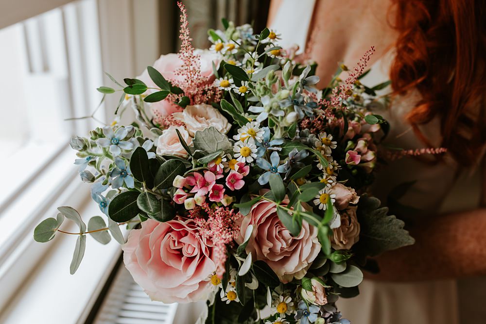 Bouquet Flowers Bride Bridal Pink Rose Daisy Wax Flower Low Hall The Lakes Wedding Maddie Farris Photography