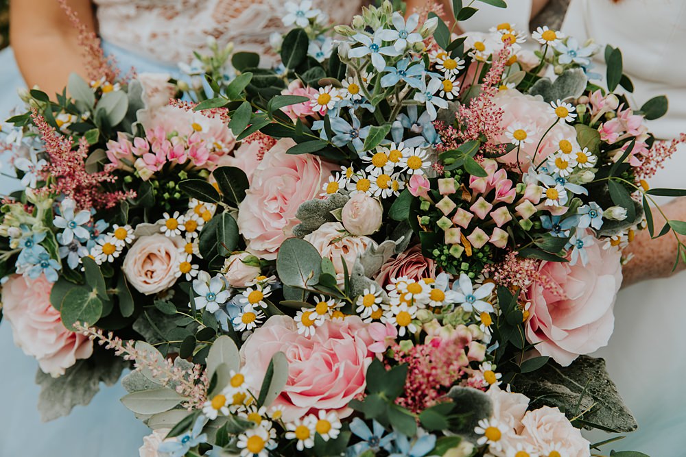 Bouquet Flowers Bride Bridal Pink Rose Daisy Wax Flower Bridesmaid Low Hall The Lakes Wedding Maddie Farris Photography