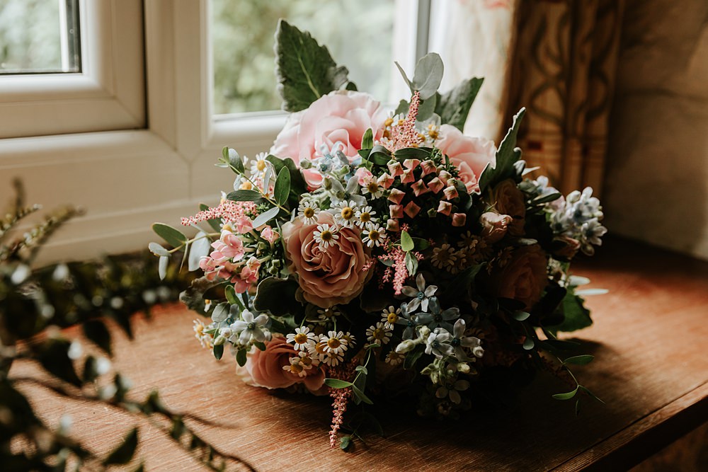 Bouquet Flowers Bride Bridal Pink Rose Daisy Wax Flower Low Hall The Lakes Wedding Maddie Farris Photography