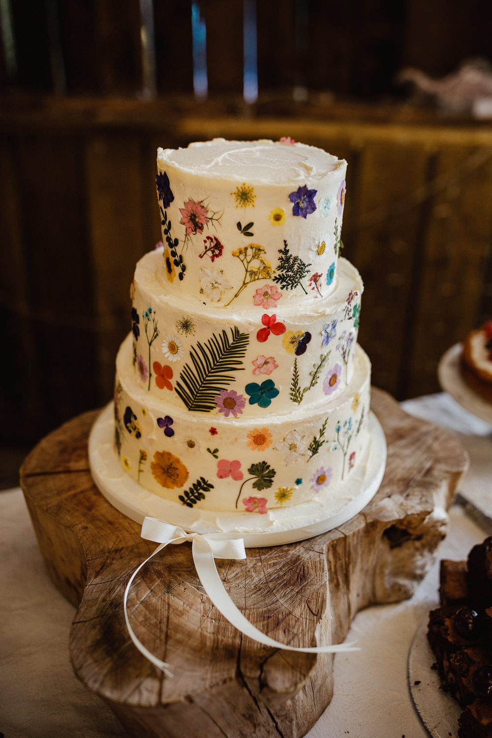 Petal Flower Floral Cake Ribbon North Yorkshire Barn Wedding Photography34