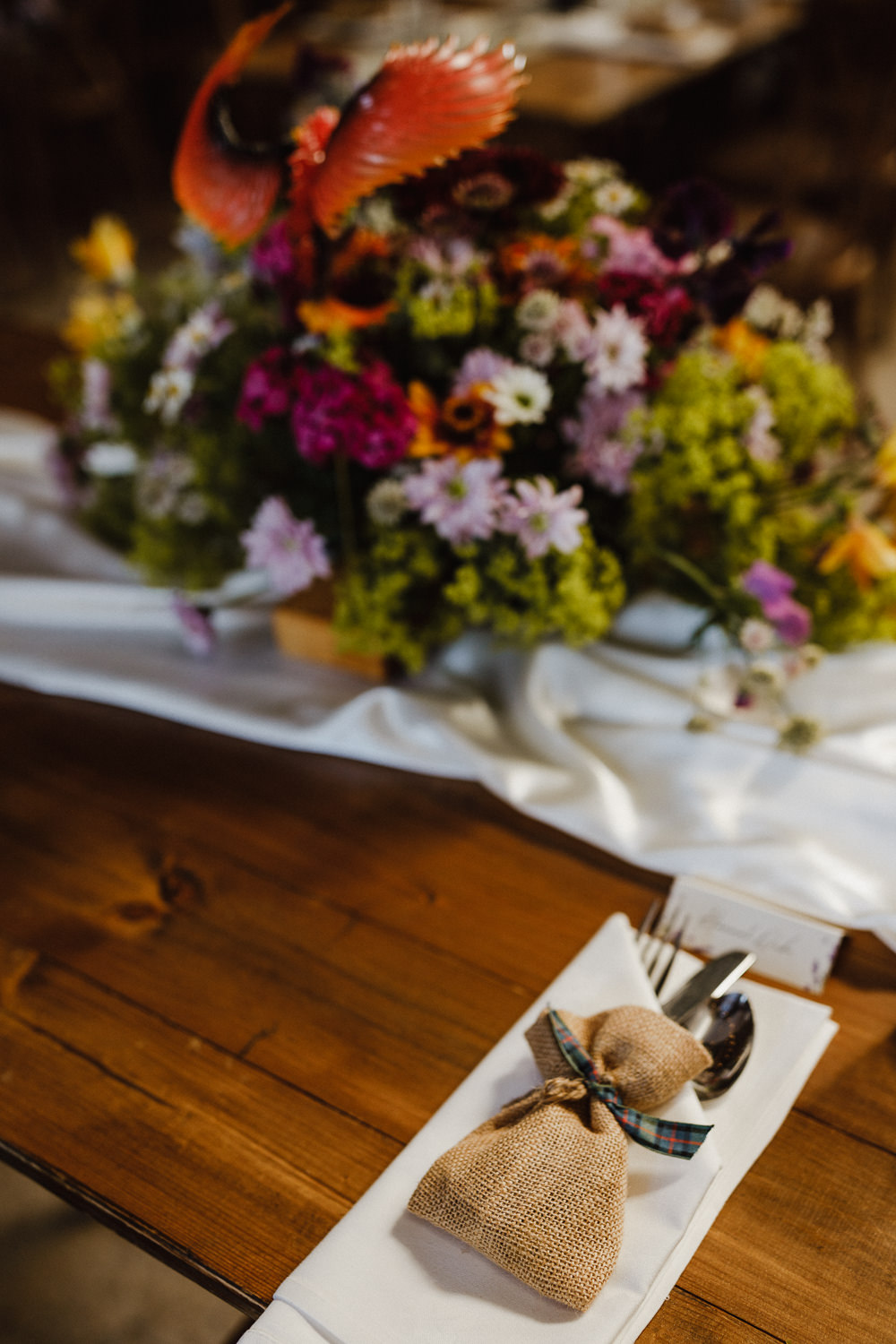 Place Setting Favour Bag Hessian North Yorkshire Barn Wedding Photography34