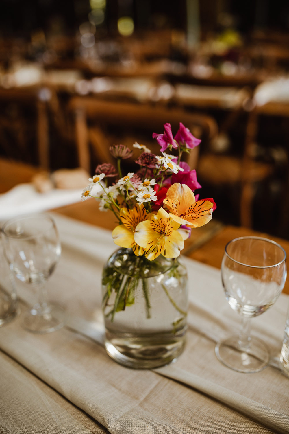 Jar Vase Flowers Centrepiece Table Alstroemeria Daisy North Yorkshire Barn Wedding Photography34