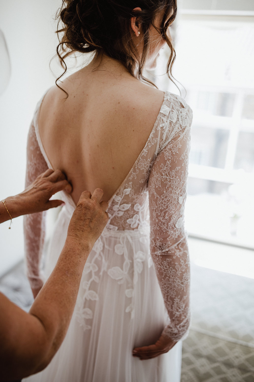 Dress Gown Bride Bridal Lace Long Sleeve Anna Kara Jude North Yorkshire Barn Wedding Photography34
