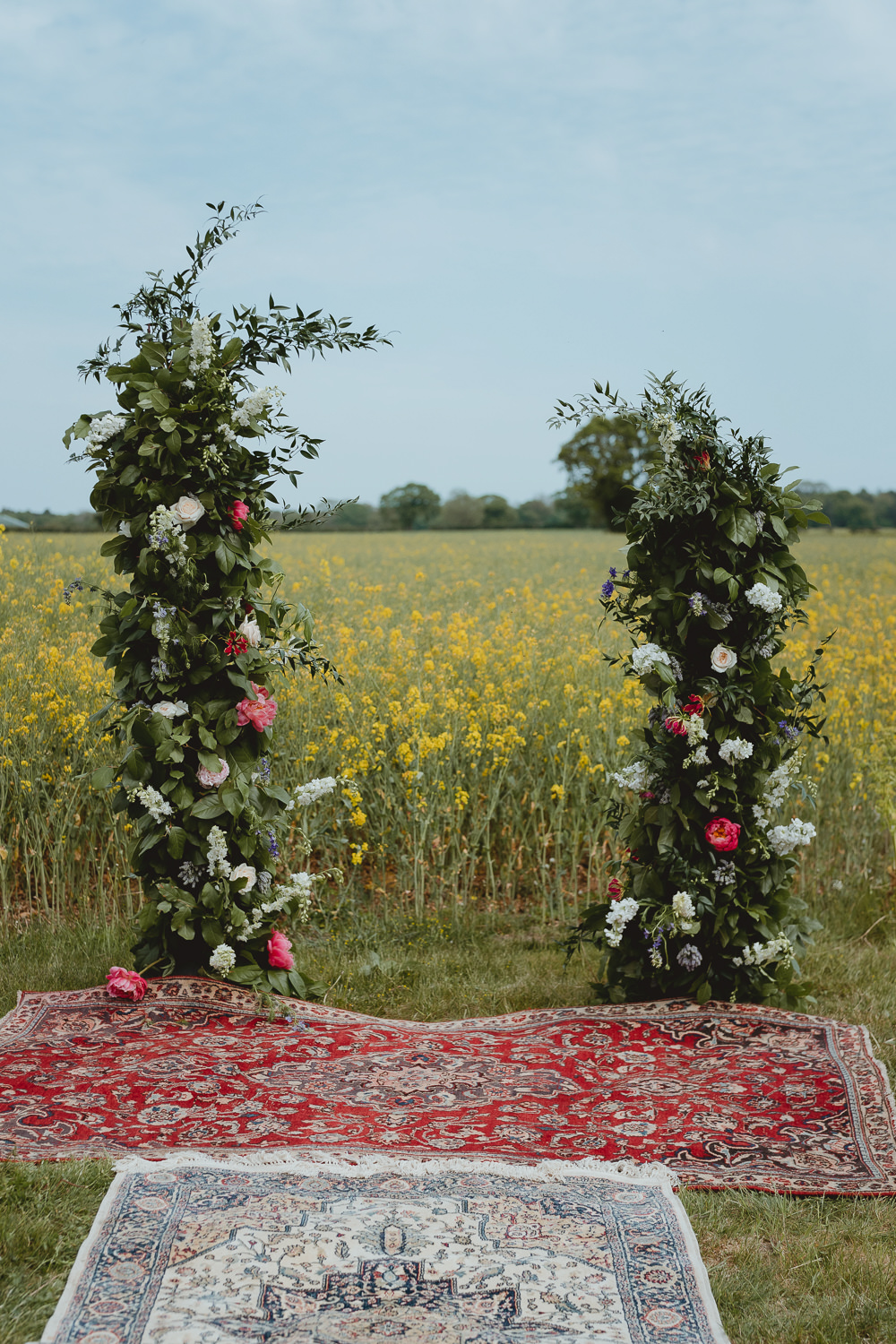 Flower Pillars Installations Ceremony Backdrop Aisle Spring Meadow Wedding Georgia Rachael