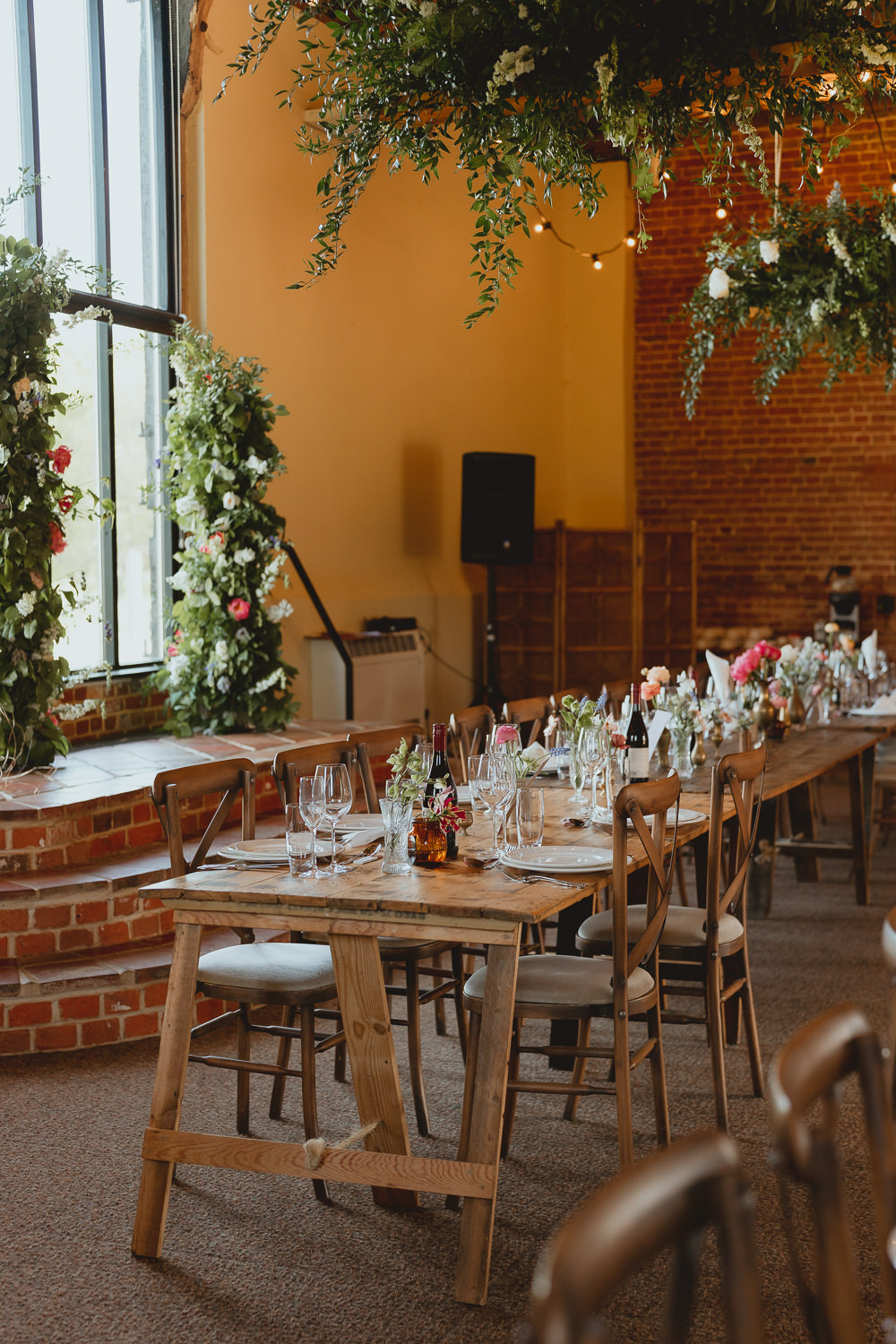 Hanging Greenery Hoop Cloud Barn Reception Wooden Table Decor Spring Meadow Wedding Georgia Rachael