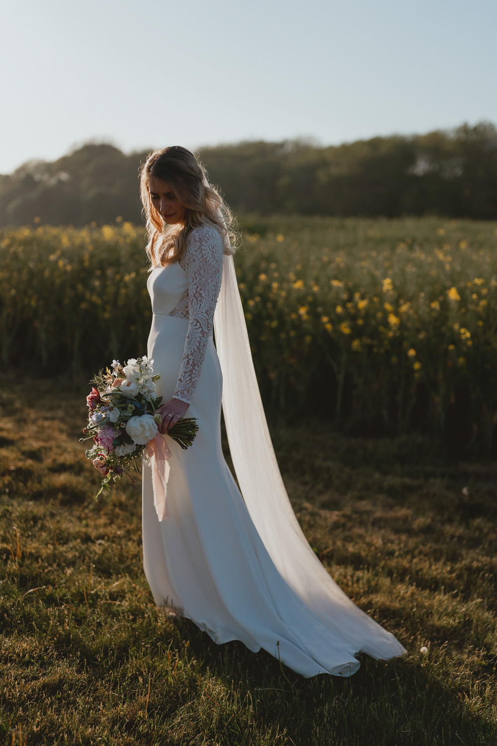 Dress Gown Bride Bridal Lace Long Sleeves Sleek Spring Meadow Wedding Georgia Rachael