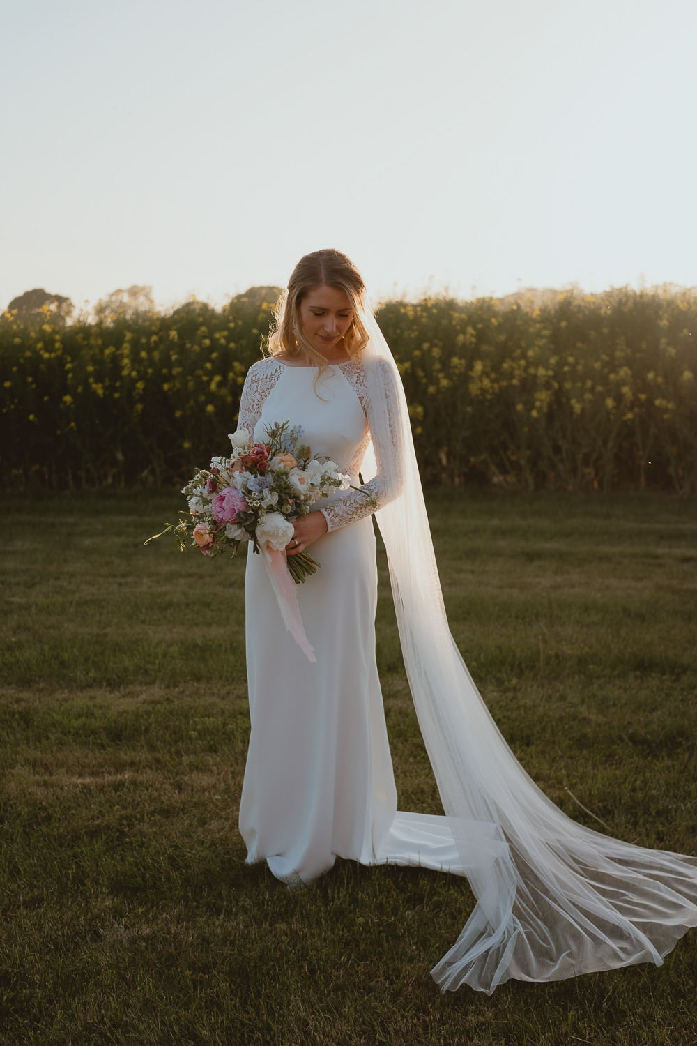 Dress Gown Bride Bridal Lace Long Sleeves Sleek Spring Meadow Wedding Georgia Rachael