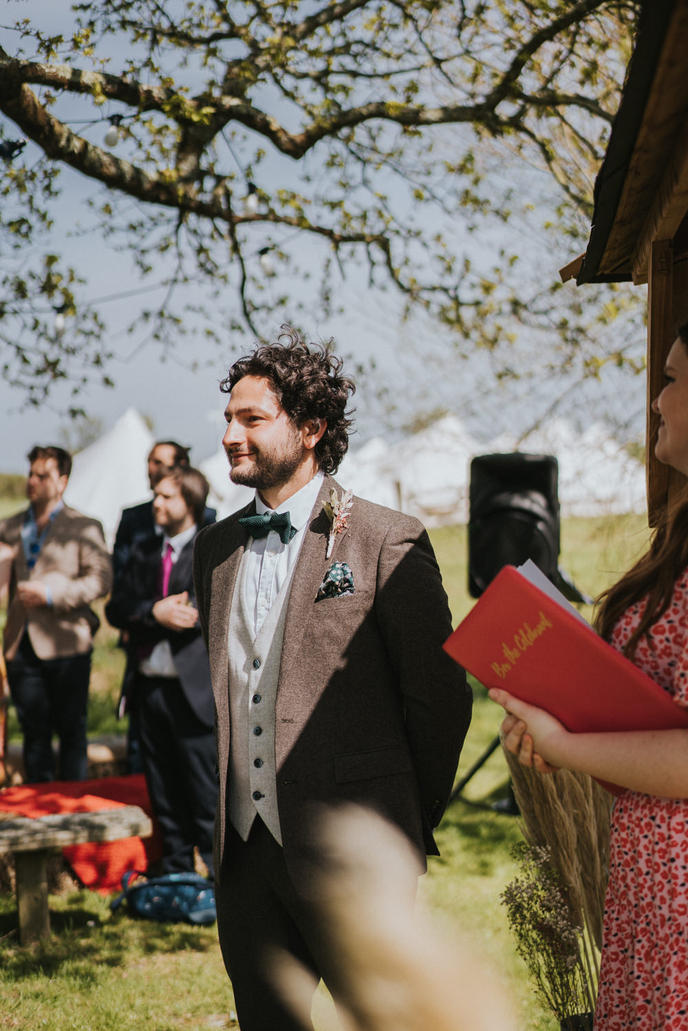 Groom Tweed Suit Brown Grey Waistcoat Green Bow Tie Weekend Glamping Wedding Grace Elizabeth