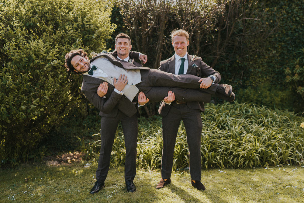 Groom Tweed Suit Brown Grey Waistcoat Green Bow Tie Groomsmen Weekend Glamping Wedding Grace Elizabeth