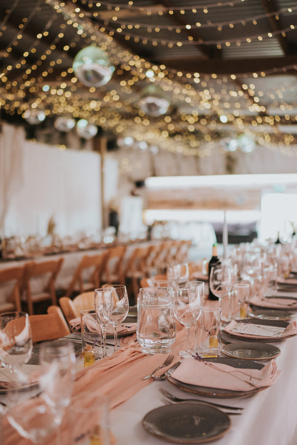 Long Tables Pink Runner Fairy Light Disco Ball Barn Reception Weekend Glamping Wedding Grace Elizabeth