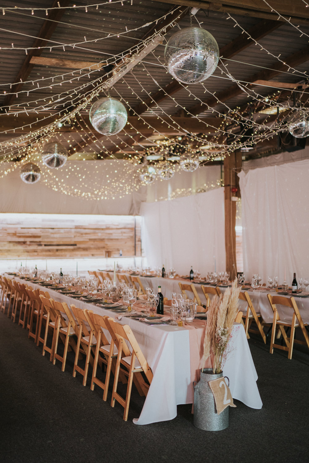 Long Tables Pink Runner Fairy Light Disco Ball Barn Reception Weekend Glamping Wedding Grace Elizabeth