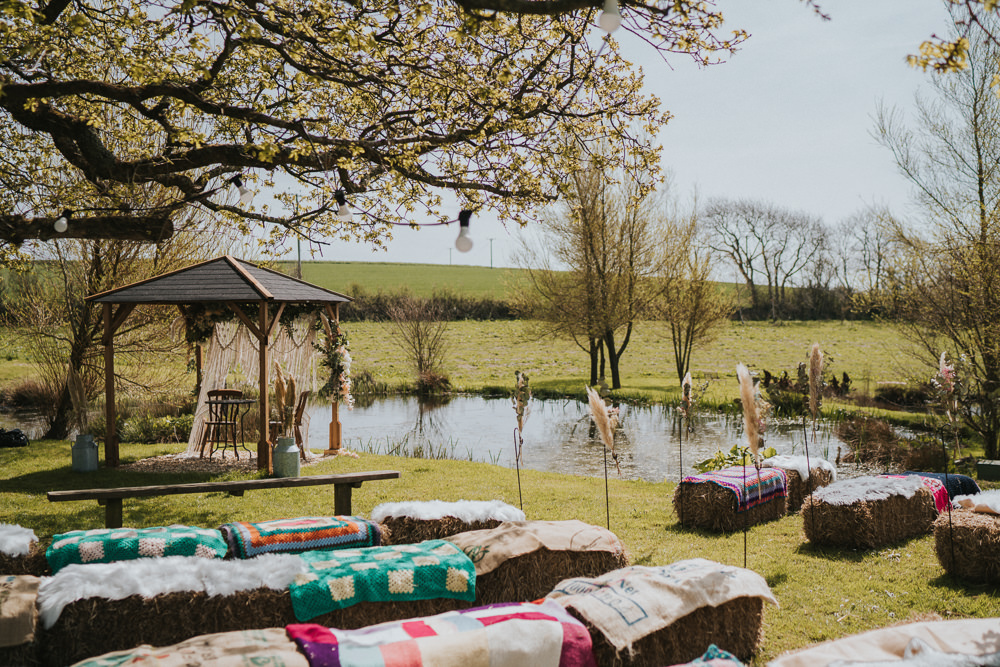 Hay Bales Blankets Ceremony Seats Weekend Glamping Wedding Grace Elizabeth