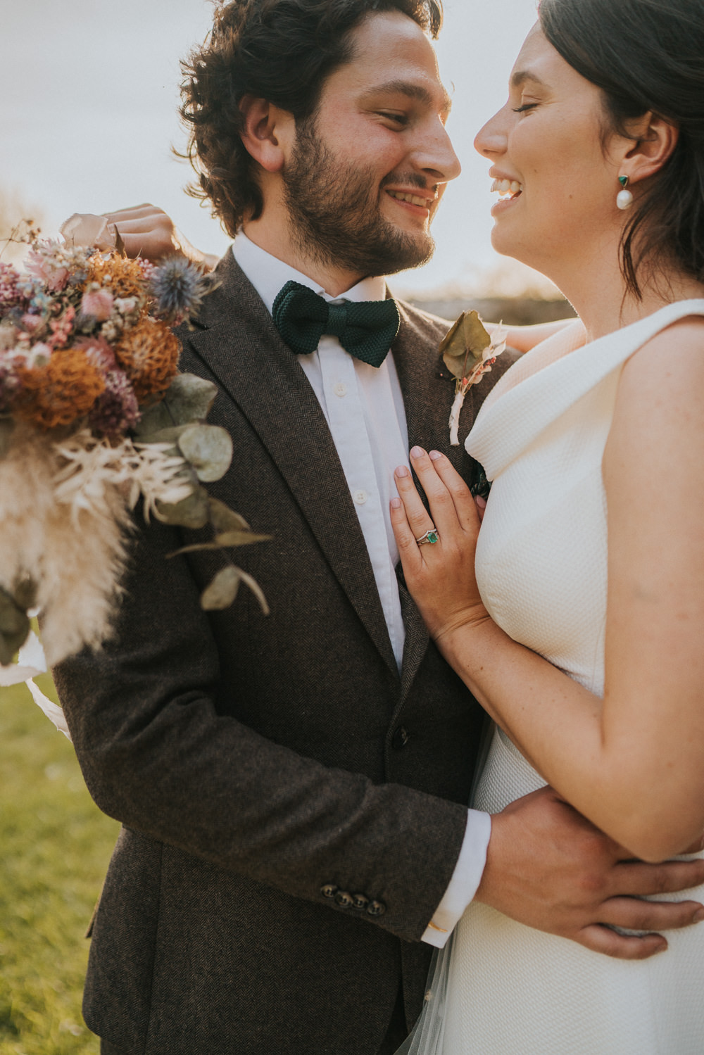 Groom Tweed Suit Brown Grey Waistcoat Green Bow Tie Weekend Glamping Wedding Grace Elizabeth