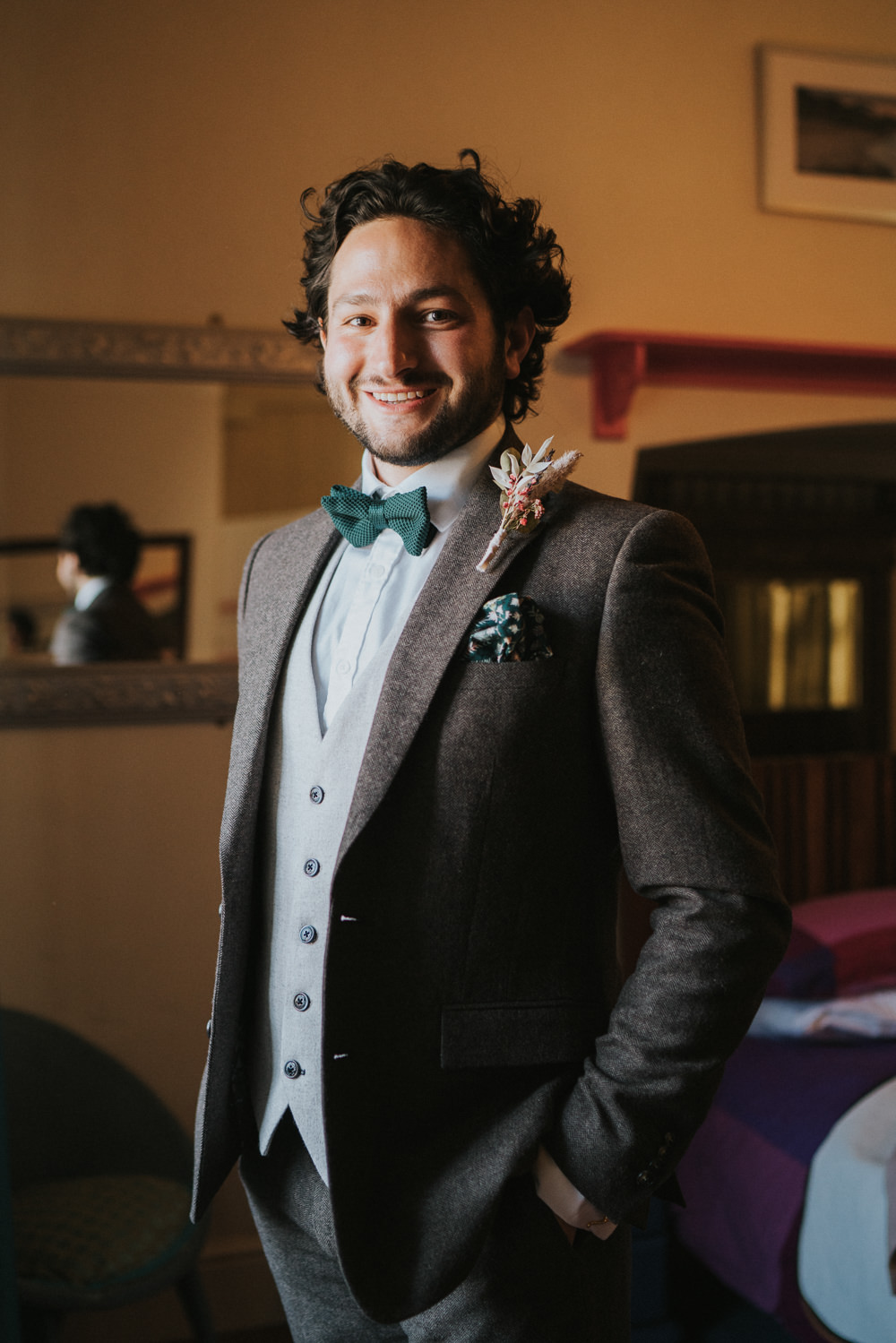 Groom Tweed Suit Brown Grey Waistcoat Green Bow Tie Weekend Glamping Wedding Grace Elizabeth