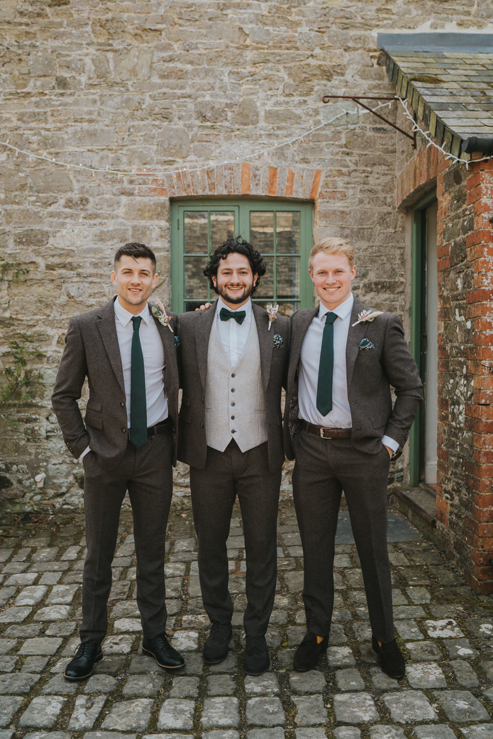 Groom Tweed Suit Brown Grey Waistcoat Green Bow Tie Groomsmen Weekend Glamping Wedding Grace Elizabeth
