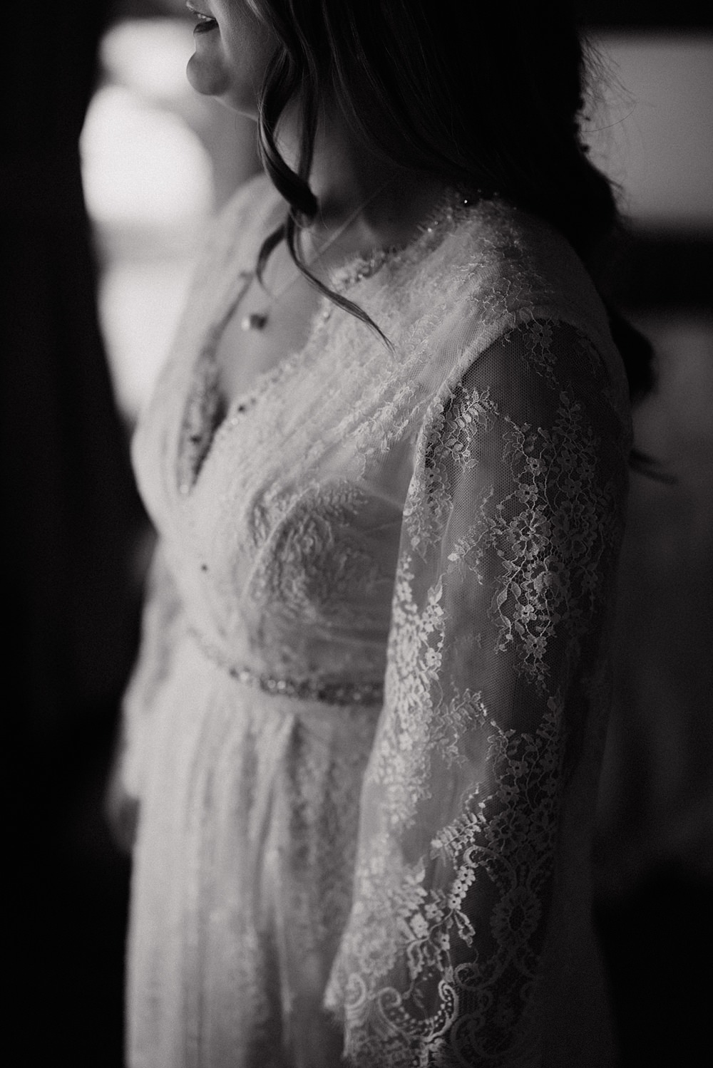 Dress Gown Bride Bridal Lace Long Sleeves Floaty Willow Marsh Farm Wedding Matt Horan Photography
