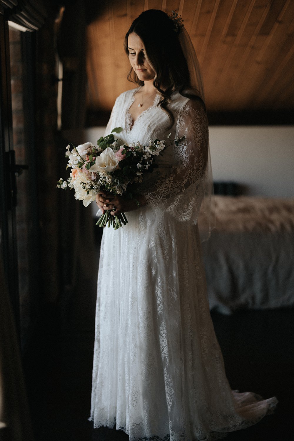 Dress Gown Bride Bridal Lace Long Sleeves Floaty Willow Marsh Farm Wedding Matt Horan Photography